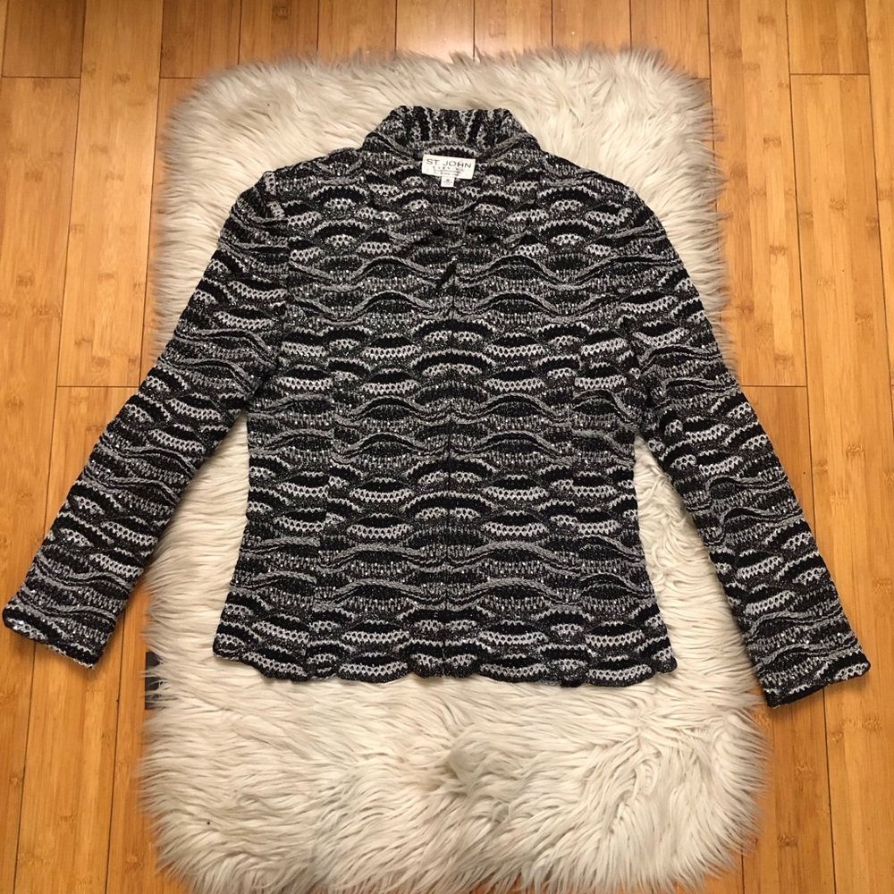 St. John Metallic Rhinestone Textured Chevron Scalloped Black White Jacket 10